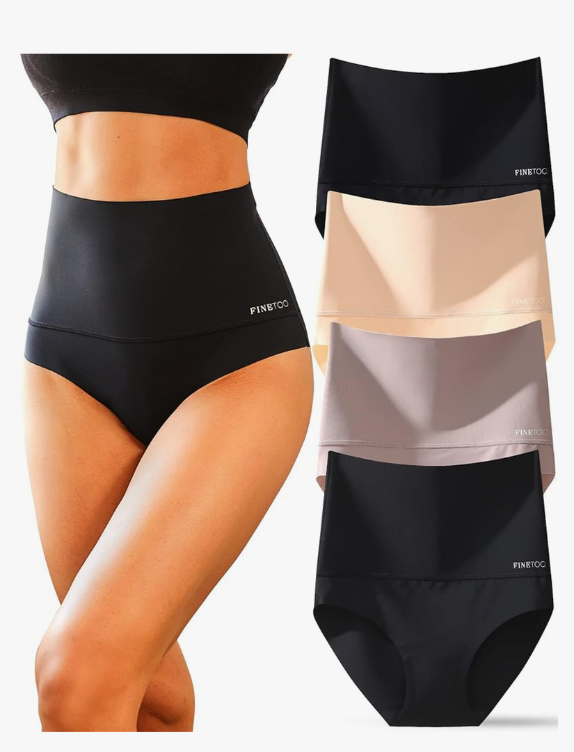 FINETOO Tummy Control Underwear for Women High Waisted Nylon Brief No Show Womens Bikini Seamless Panties 4pack M
