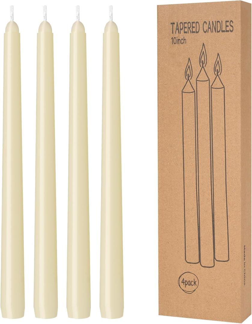 4 Pack Ivory Taper Candles - Taper Candles 10 Inch Dripless, Smokeless & Unscented - 8 Hours Long Burning - Hand Poured Tall Candlesticks - Ideal for Weddings, Dinner Parties, and Home Decor
