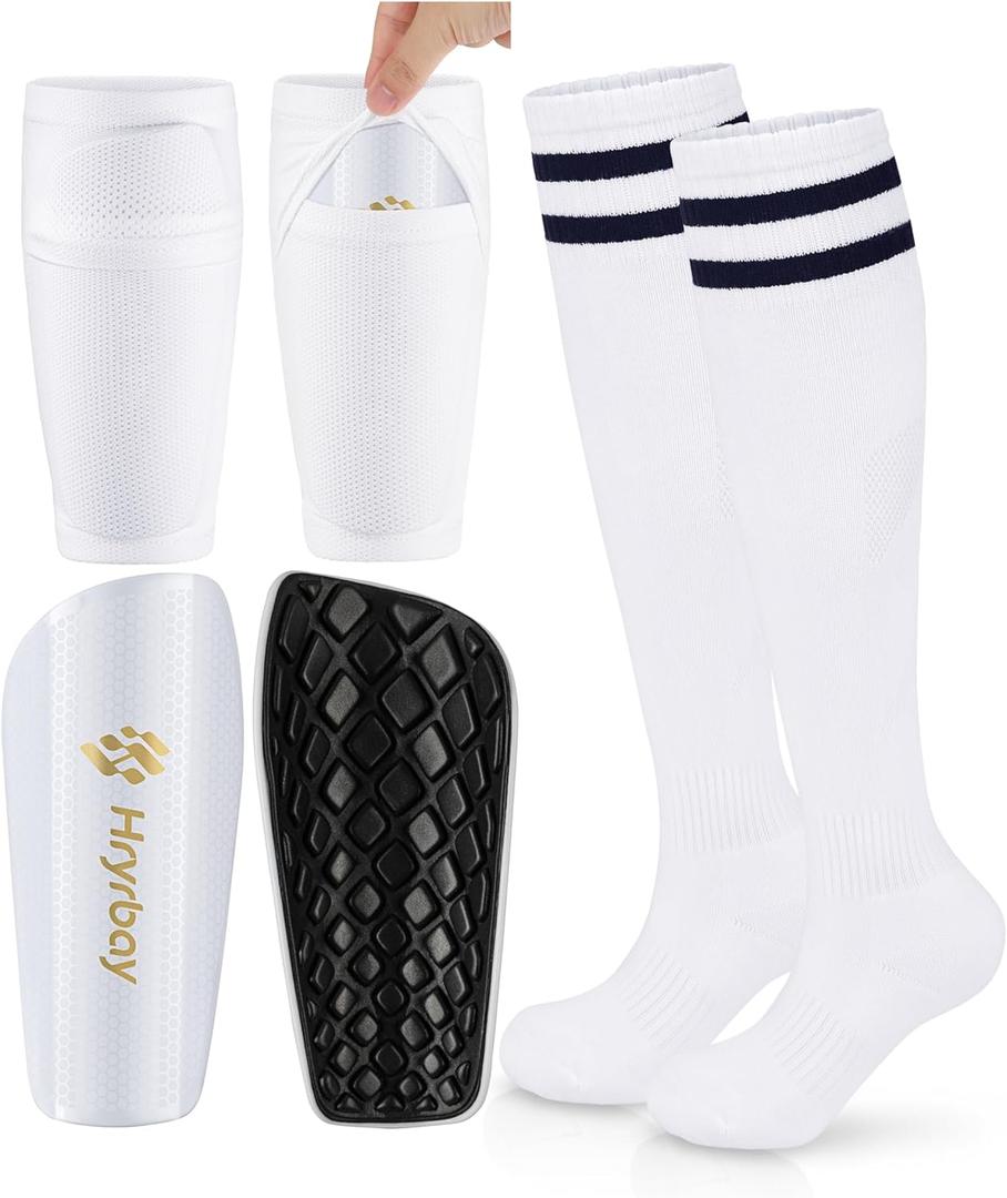 Hryrbay Kids Soccer Shin Guards Toddler Shin Pads with Sleeves and Socks for Age 3-16 Protective Lightweight Soccer Equipment Ideal for Playing Training Inspired by The World Cup (White)