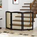 PUPETPO Freestanding Pet Gate for Dogs, Foldable Wooden Dog Gate for House Indoor, Step Over Pet Puppy Safety Fence for Stair, Doorway,Hall, Support Feet Included,3 Panels 32",Black&Gold