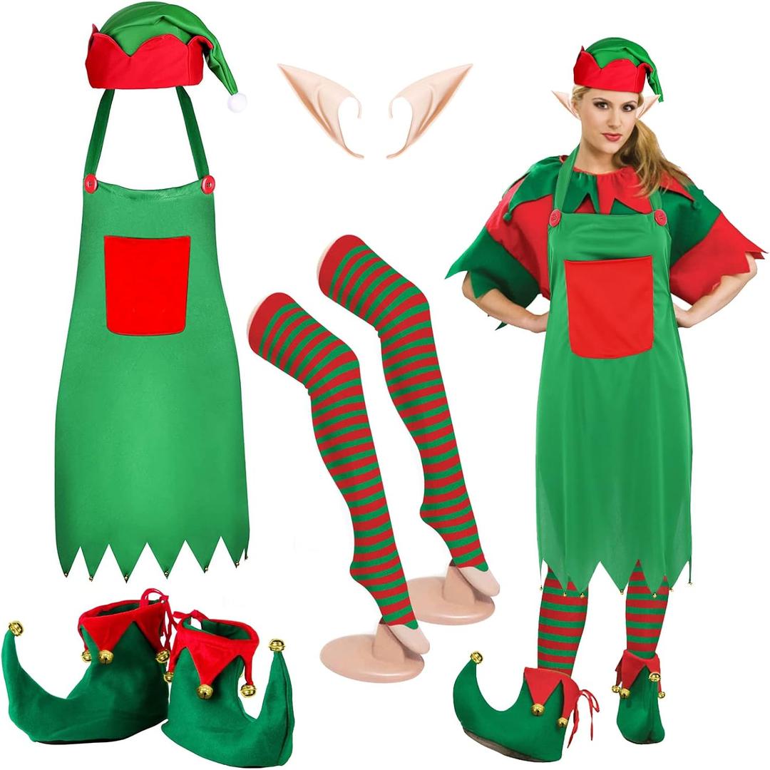 5 Piece Christmas Elf Costume for women Set including Santa Elf Hat, Fairy Elf Ears, Elf Apron, Long Striped Socks, Elf Shoes (5 PCS)