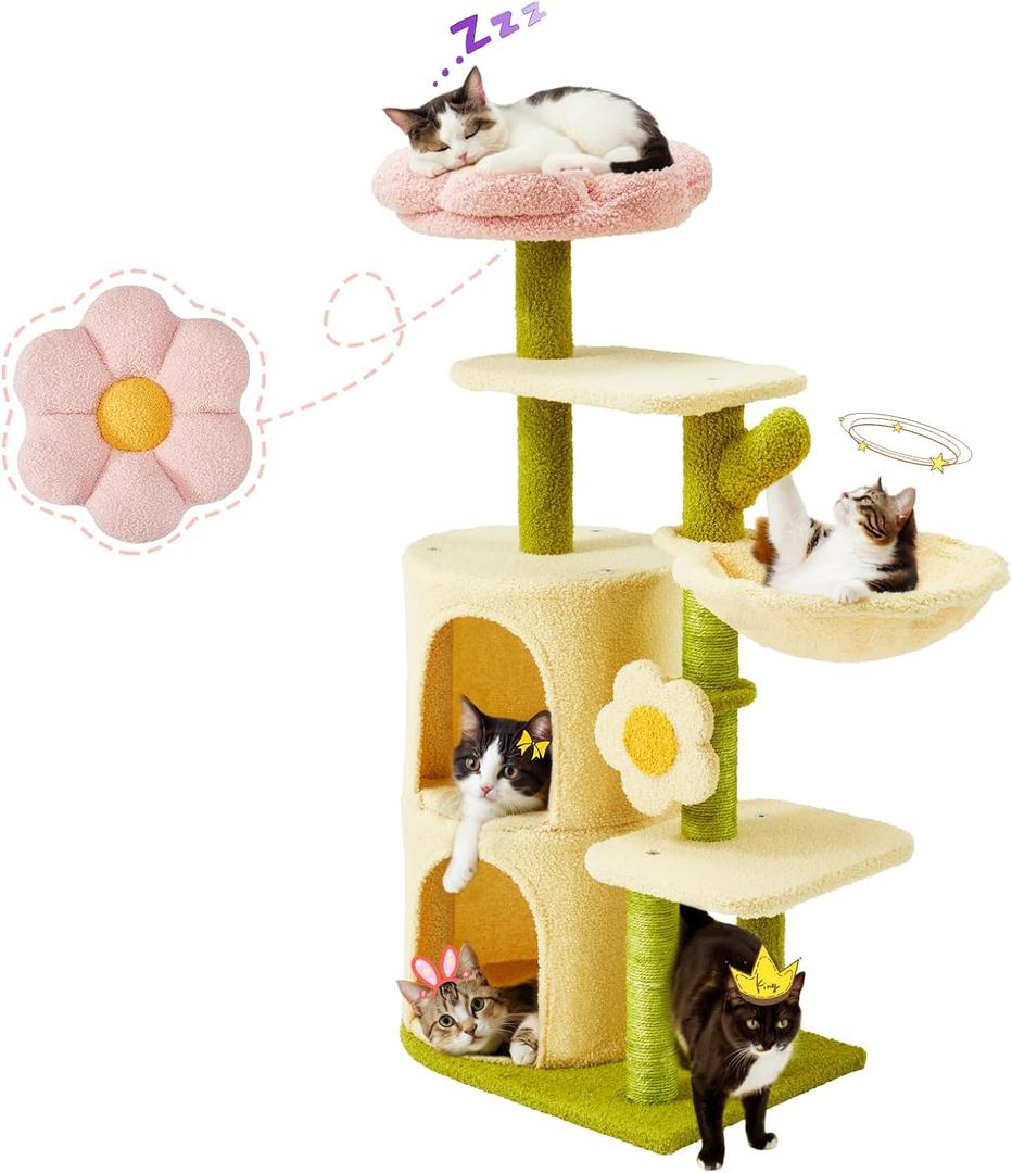 Erinnyees Flower Cat Tree, 38.2 Inches Cat Tower, Multi-Level Indoor Kitty Tree Tower, Kitty House with Cozy Top Flower Platform, Spacious Condos, Soft Hammock, Sisal Scratching Post