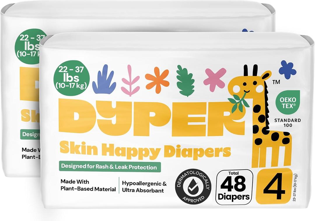 DYPER Pack of 2 Baby Diapers Size 4 (48 Count) 22-37 lbs Plant-Based