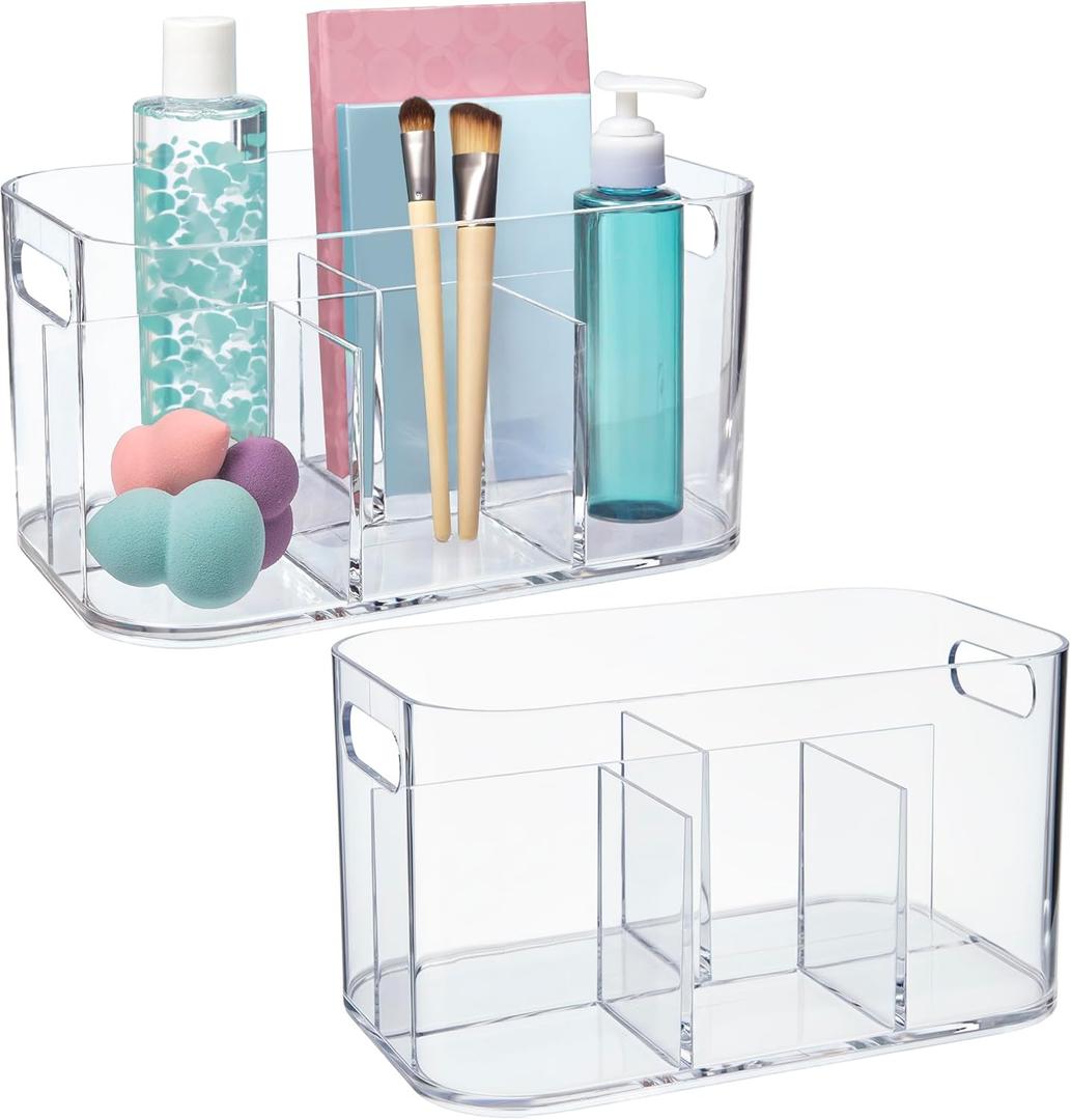 STORi Bliss 5-Compartment Plastic Cosmetics Storage Organizer, Set of 2 | Clear | Rectangular Divided Makeup Bin & Vanity Caddy with Pass-Through Handles | Round Corner Design | Made in USA