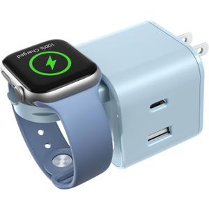 BeaSaf 36W for Apple Charging Block with Built-in Watch Charger, Foldable PD Fast Charger Block for iPhone, Dual Ports Wall Charger Compatible with Apple Watch iPhone AirPods (Blue)