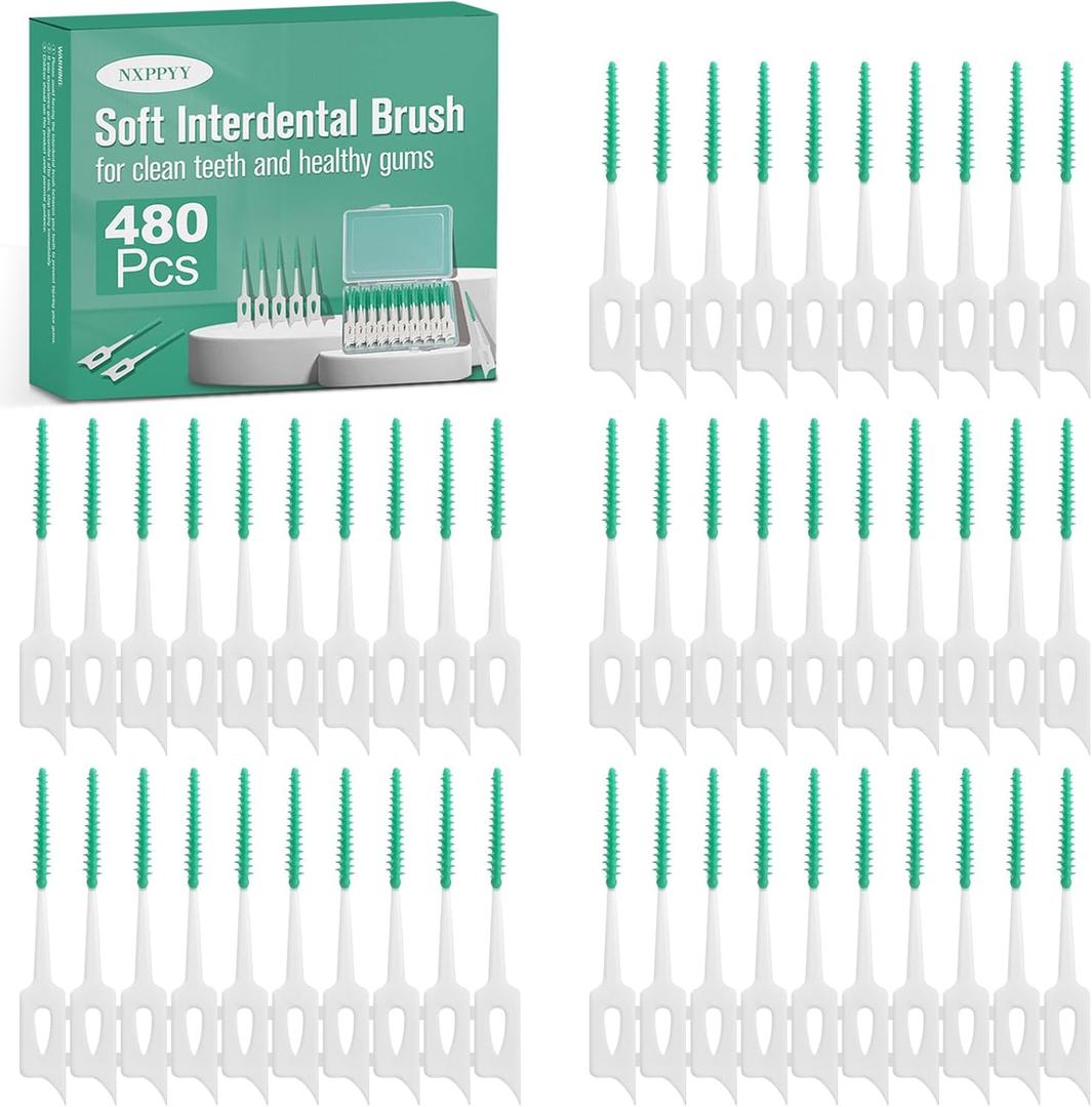 480 Pcs Dental Floss Picks, Soft Silicone Tooth Picks Flossers, Interdental Brushes with Case, Soft Dental Floss Picks for Teeth Cleaning, Braces, Bridges, Adult, Plaque Removal (Green)