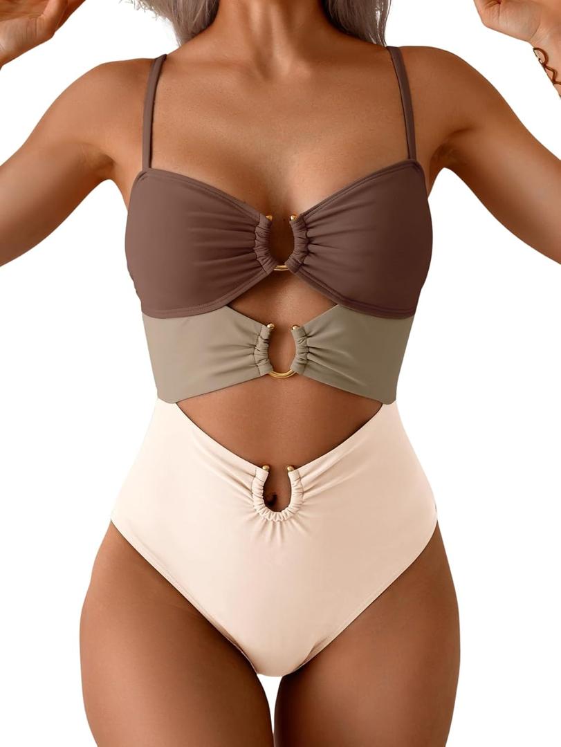 Eomenie One Piece Swimsuit for Women Ring Linked Monokini Sexy Bathing Suit Cutout Swim Suit (Size XX-Large, Brown Color Block)