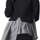 AIHUKOCY Women Slit Stripe Patchwork Shirt Crewneck Sweater Contrast 2 in 1 Button Down Asymmetric Hem Knit Pullover Sweaters (Large, Black)