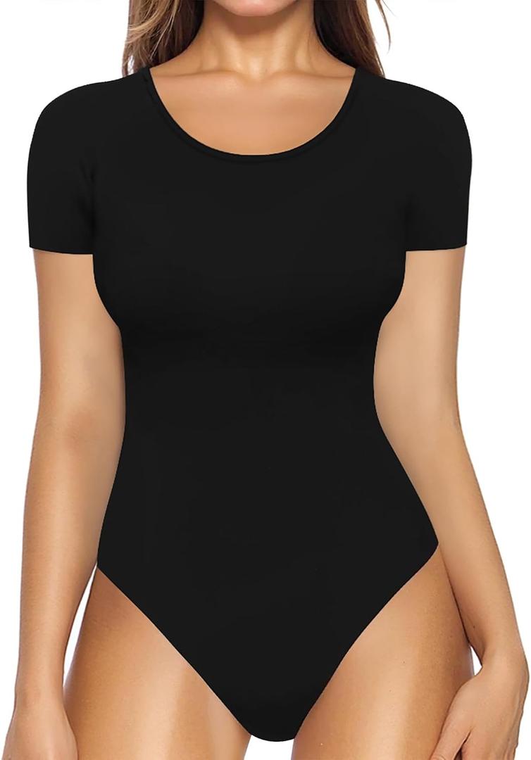 MANGOPOP Round Neck Short Sleeve Long Sleeve Bodysuits for Women Basic Body Suit Shirts Tops (X-Large)
