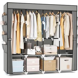 Portable Closet for Hanging Clothes, 67 Inch Wide Portable Wardrobe Closet with Cover, 4 Hanging Rod, Storage Shelves and Side Pockets, Large Free Standing Closet for Bedroom, Grey