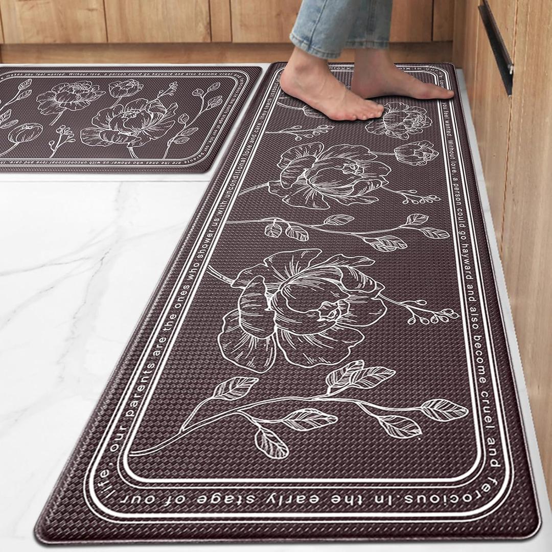 ROTTOGOON Kitchen Floor Mat Set of 2, Cushioned Anti Fatigue Kitchen Mat 17"x59"+17"x29", Non-Slip Waterproof Kitchen Rug, Premium PVC Comfort Kitchen Mats and Rugs for Kitchen, Office, Home, Laundry (17"x59"+17"x29", Brown)