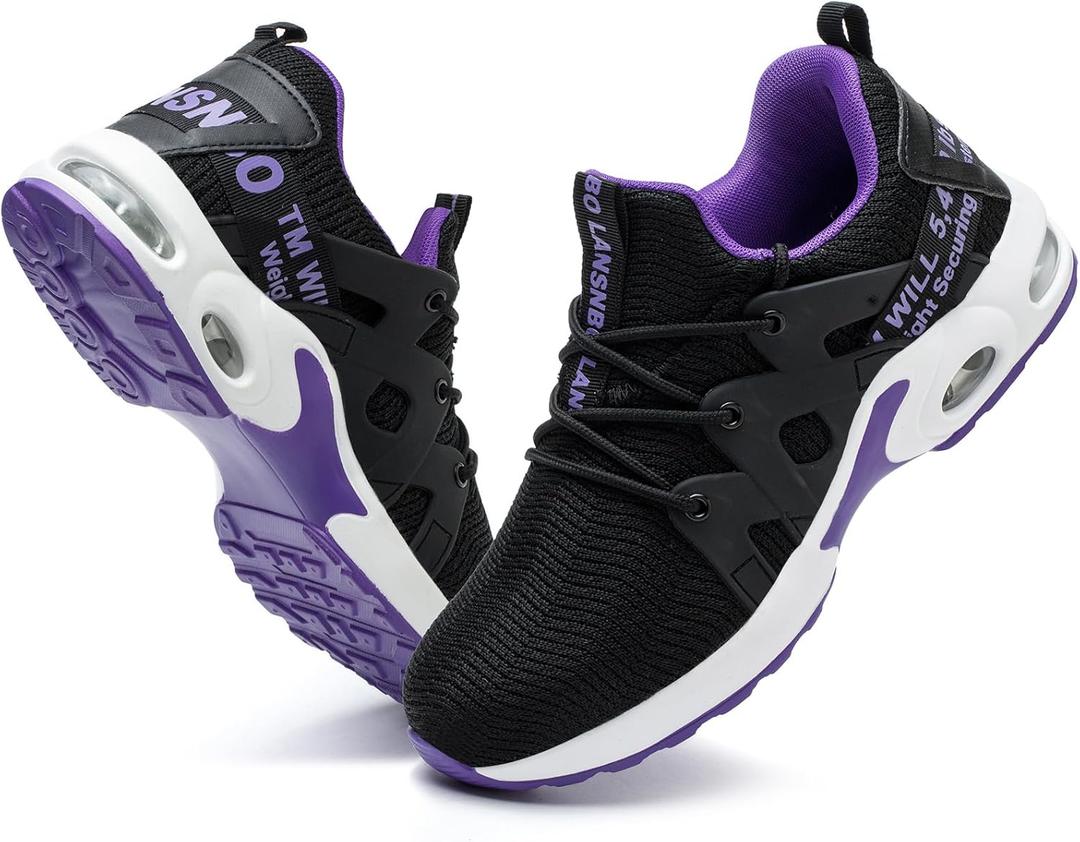 Steel Toe Shoes for Women Indestructible Safety Work Shoes Air Cushion Lightweight Breathable Utility Sneakers Puncture Proof Slip Resistant Composite Toe Footwear (8.5, Black,purple)