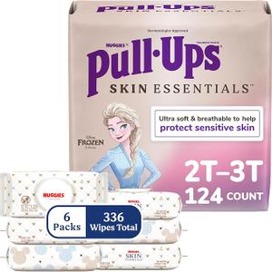 Pull-Ups & Huggies Skin Essentials Bundle: Pull-Ups Skin Essentials Training Pants for Girls, Size 2T-3T (16-34 lbs), 124 Count (4 Packs of 31) & Huggies Skin Essentials Baby Wipes, 6 Packs, 336 Count