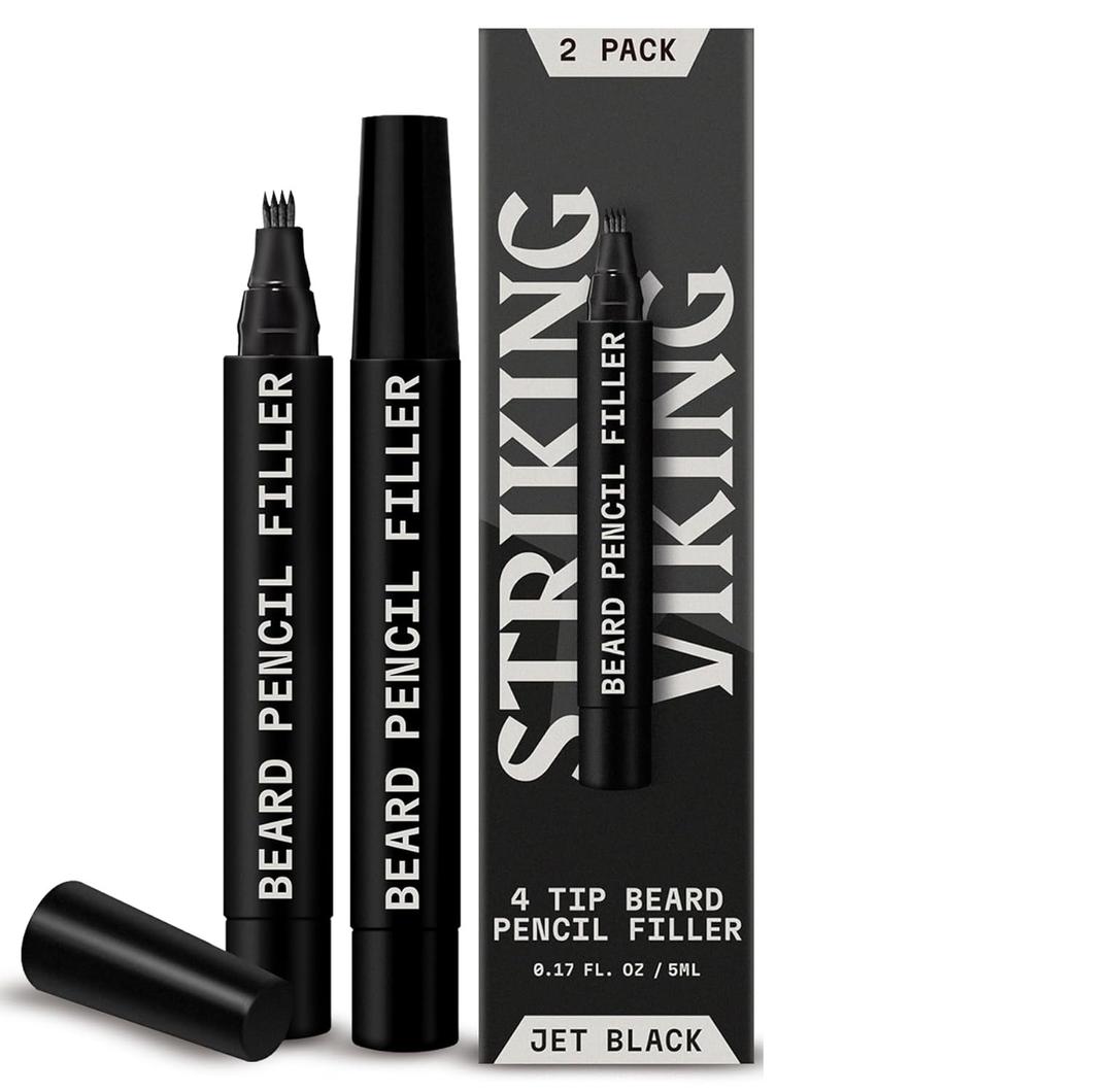 Striking Viking 2 Pack Beard Pencil Filler for Men with 4 Tips (Jet Black) - Fill, Shape & Define with this Long-Lasting, Waterproof Beard Pen Kit 