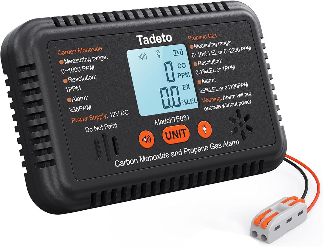 Tadeto RV Carbon Monoxide and Propane Gas Alarm, 12V DC Hardwired CO/LPG Gas Leak Alarm with Light and Audible Indicator, RV Propane Detector with Reset/Backlight for RV/Trailer/Camper (Black)