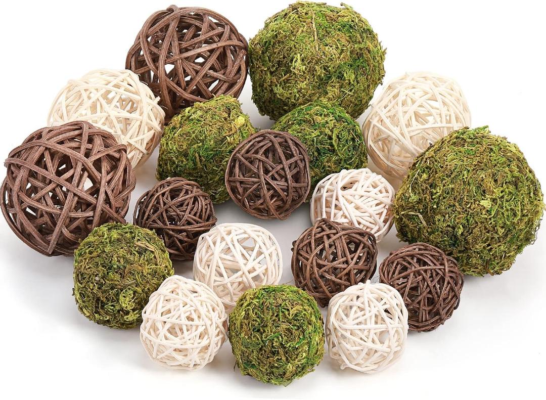 Jetec 18 Pcs Decorative Balls for Centerpiece Bowls Green Moss Balls Wicker Rattan Cord Decorative Bowl Fillers for Garden Vase Home Party Table Spring Easter Farmhouse Rustic Decor(Regular Size) (Regular Size)