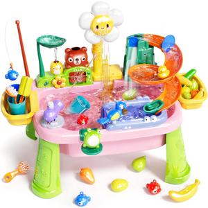 Pupu Pig Water Table Play Sink Toys for Toddlers, Kids Play Kitchen Sink with Running Water, 360 Electric Faucet, Floating Fishing Game, Sensory Water Table Toys for Boys Girls Summer Gifts - Pink