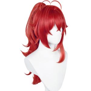 Half and Half Diluc Cosplay Wig Red Ponytail Princess Wig with Bangs Red Pigtail Wigs for Women Men Halloween Party