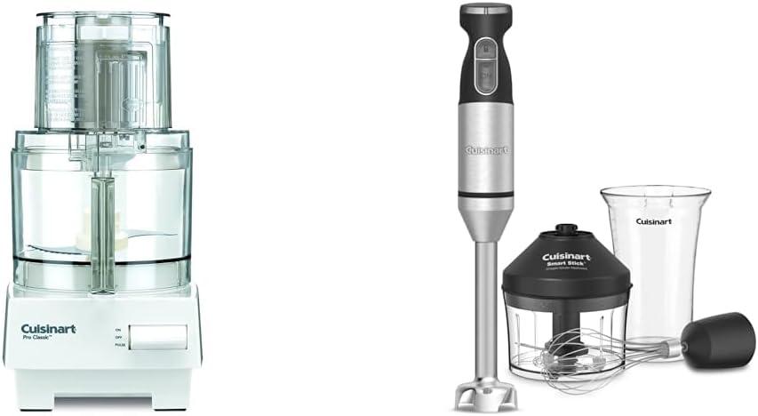 Cuisinart 7 Cup Food Processor, 600-Watt Motor, White, DLC-10SYP1 & CSB-179 Smart Stick Variable Speed Hand Blender, Stainless Steel