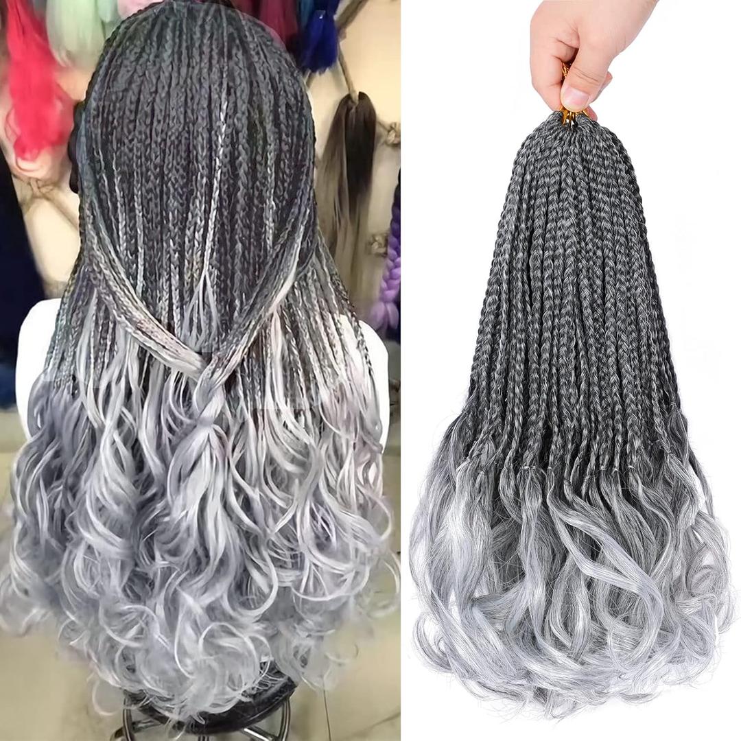 French Curl Crochet Braids 14 Inch Goddess Box Braids Crochet Hair for Women Gray Pre Looped Crochet Box Braid with Curly Ends Synthetic French Curly Braiding Hair Extensions (8 Packs1B/Gray)