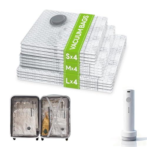 12 Pack Vacuum Bags for Travel with Rechargeable USB Pump,Space Saver Vacuum Storage Bags for Luggage and Suitcase,Portable Seal Bags for Clothes and Clothing Travel