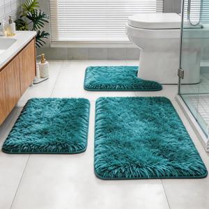 Shaggy Bathroom Rugs Set Plush Velvet Bath Rugs Non-Slip Bath Mat Set 3 Piece,Washable Mats,Absorbent Shaggy Rugs Super Soft U-Shaped Toilet Rug,Bahroom Carpets for Bathroom,Tub,Shower(Teal Blue