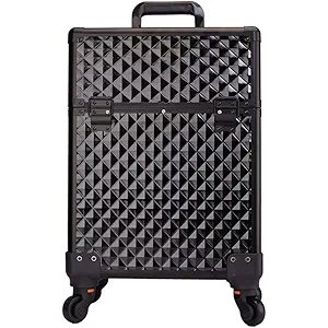 Rolling Makeup Case with lighted mirror, Cosmetology Case on Wheels with LED Mirror, Professional Salon Trolley Cart with Drawer,Travel Makeup Lockable Beauty Organizer with Live Stream Light