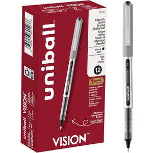 uni-ball(R) Vision(TM) Rollerball Pens, 0.7 mm, Fine Point, Gray Barrel, Black Ink, Pack Of 12, 60126