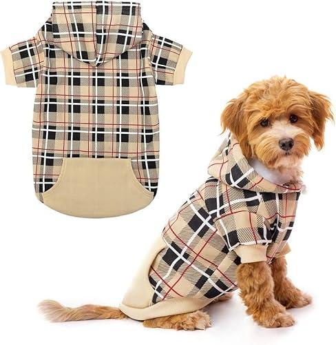 EXPAWLORER Plaid Dog Hoodie - British Style Warm Dog Sweater Shirt with Leash Hole,Pitbull Clothes Outfits,Winter Coat Apparel for All Breeds Puppy Girl Boy-Cat Apparel,Beige X-Small