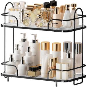 2 Tier Corner Bathroom Counter Organizer, Cosmetic Skincare Organizer, Bathroom Countertop Perfume Tray Vanity Organizer, Kitchen Spice Corner Storage Shelf (Black)
