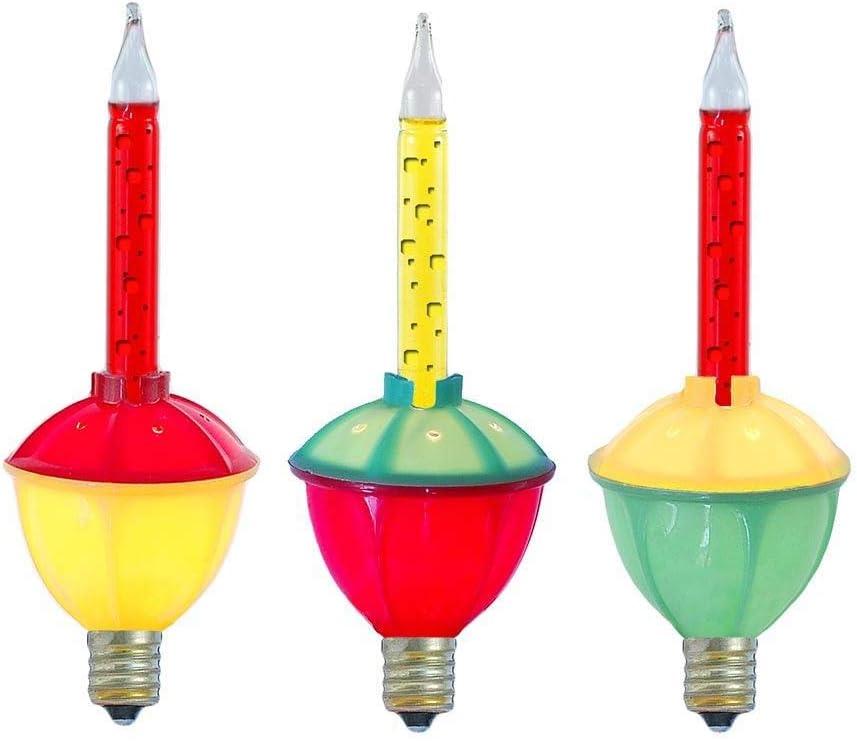 Novelty Lights Replacement Bubble Lights 3 Pack, Traditional Red/Yellow Liquid with Multicolor Bases, Vintage Glass Holiday Bulbs with Flowing Liquid, 5 Watts Each, C7/E12 Base