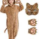 Ezuwail Cheetah Costume Kids Snow Leopard Costume Gloves Mask Cheetah Onesie Bodysuit Halloween Cosplay for Girls Boys (130, Brown)