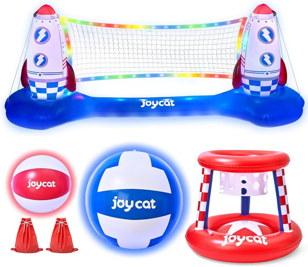 JoyCat LED Inflatable Pool Floats Set,125 Inch Volleyball Net & Basketball Hoop,Floating Swimming Pool Games Beach Toys for Kids,Water Games for Adults and Family,Pools Party Gift