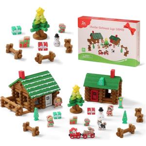 SainSmart Jr. Wooden Logs Set 182 Pcs Building House Toy for Toddlers with Christmas Tree Logs, Classical STEM Construction Kit Compatible with Lincoln Logs for 3+ Kids