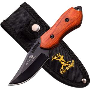Elk Ridge - Outdoors Fixed Blade Knife - 6-in Overall, 3-in Black Stainless Steel Blade, Wood Handle, 1680D Nylon Sheath - Hunting, Camping, Survival (Wood) (Brown)