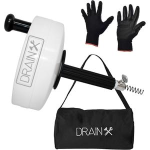 DrainX Pro 50-FT Steel Drum Auger Plumbing Snake | Drain Cleaning Cable with Work Gloves and Storage Bag