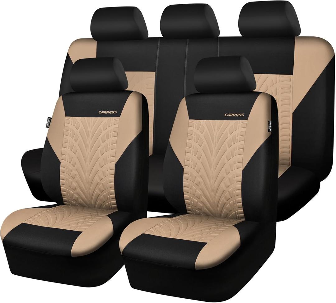CAR PASS Car Seat Covers Full Sets, Front & Split Rear Bench for Car, 3D Tyre Embossed Automotive Interior Covers, Airbag Compatible, Quick Setup Universal Fit Seat Covers for Car, SUV(Black Beige)