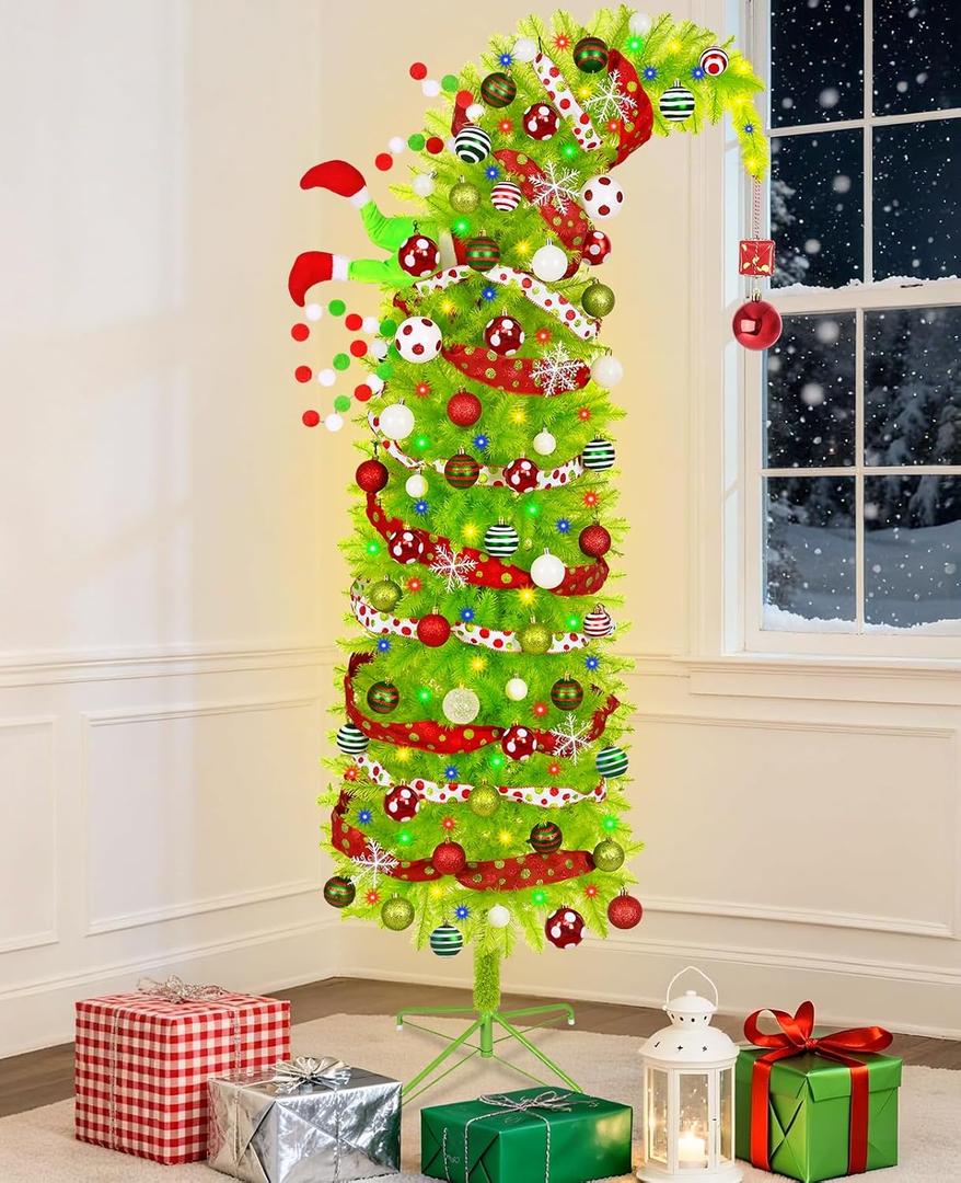 Krelymics 6FT Whimsical Christmas Tree with 200 LED Lights Remote Control & Timer, Artificial Bendable Christmas Tree with DIY Ornaments, Lime Green Xmas Tree with Metal Base