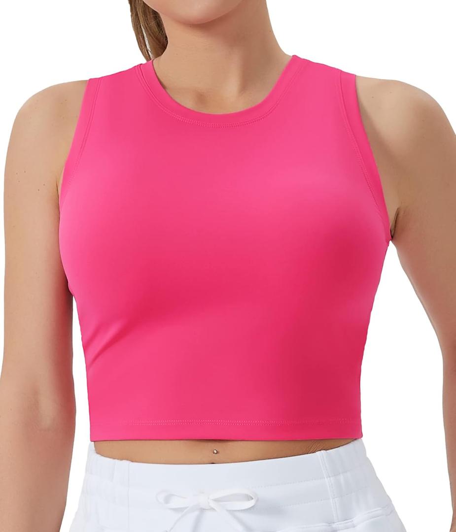 THE GYM PEOPLE Women's Workout Crop Tops Sleeveless Yoga Running Shirts Athletic Tank Top No Padding (Bright Pink)