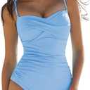 QINSEN Women's Spagetti Strap Ruched One Piece Swimsuit Retro Tummy Control Bathing Suit, Size M