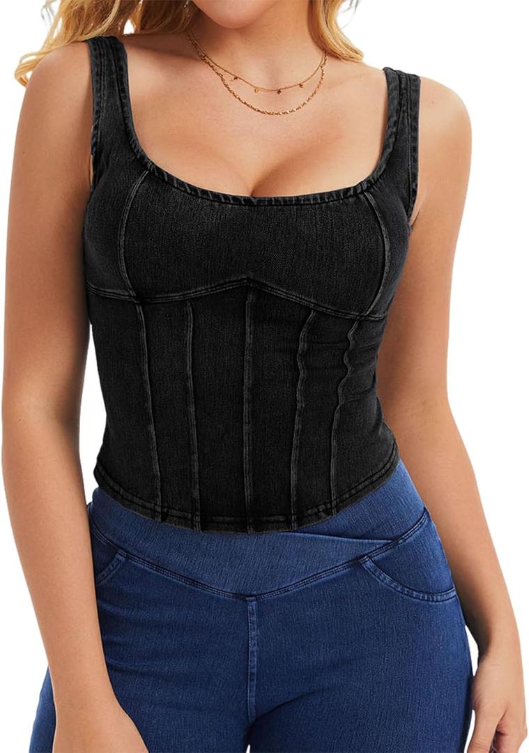 Denim Corset Top for Women Going Out Jean Crop Tank Tops Trendy Sleeveless Slim Fit Workout Denim Bustier (Black, L)