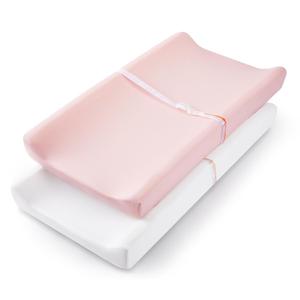 TILLYOU Changing Pad Cover Set in Soft Jersey Material - Fits 32"/34''x16 Contoured Pad for Babies,Peachy Pink & White (2-pack Peachy Pink & White)