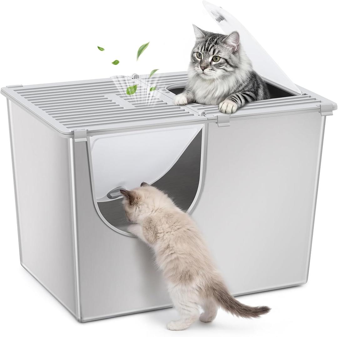 Yangbaga XXL Enclosed Stainless Steel Litter Box with Lid, Side Entry
