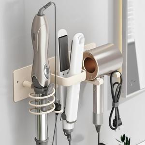 Hair Dryer Holder Wall Mount - 3 in 1 Curling Iron Organizer, Heat Resistant Bathroom Storage Rack, Hook Style (Milky White)