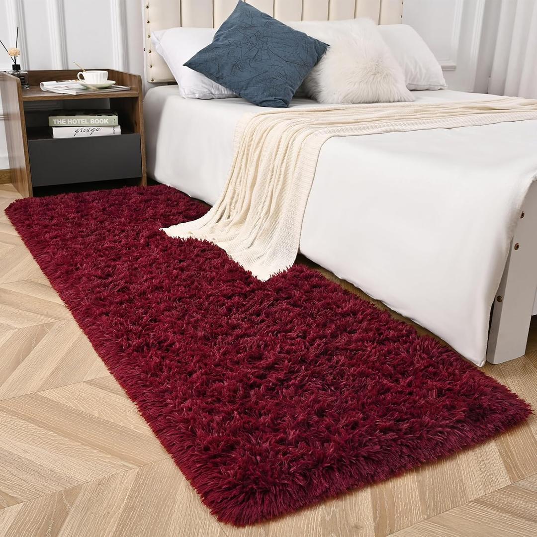 Burgundy Red Runner Area Rugs for Bedroom Living Room, 2x6 Feet Fluffy Bedside Rugs, Soft Shaggy Carpet for Kids Room Nursery, Cute Furry Rugs for Girls Boys Dorm Room Home Decor