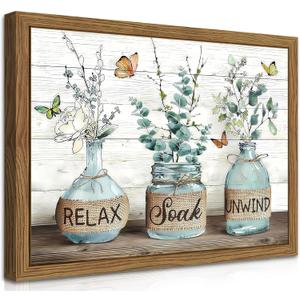 Farmhouse Bathroom Decor Wall Art, Framed Green Botanical Rustic Cotton Pictures Canvas Wall Decor Painting, Country Relax Soak Unwind Sign Artwork Posters Prints for Bathroom 12x16In Dark Wood Frame