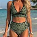 ZAFUL Womens High Waisted Bikini Sets Sexy V Neck Two Piece Swimsuit Cute Bow Ruched Bathing Suit (Blue, XL)