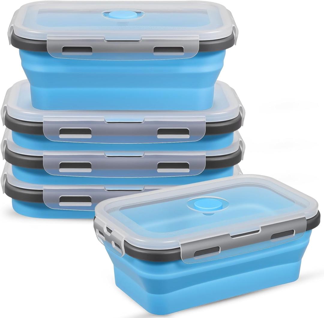 Kifmurase 5 Pcs Foldable Silicone Food Containers with Lids, Leak-Proof Foldable Storage Bowls Silicone Lunch Containers for Leftover, Dishwasher, Microwave Freezer Safe (27oz, Blue)