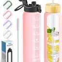 Nefeeko 32 oz Glass Water Bottles with Straw, Motivational Glass Water Bottle with Time Marker, 1 Liter BPA FREE Leakproof Reusable Glass Water Bottle with Silicone Sleeve, Bamboo Lid, Spout Lid (Pink)