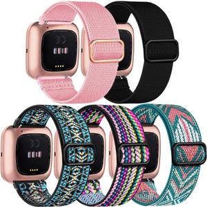 5 Pack Bands Compatible with Fitbit Versa 2 Bands for women/Versa Lite/SE, Soft Adjustable Nylon Braided Sport Solo Loop Smartwatch Band for Fitbit Versa2/Lite/SE Women Men